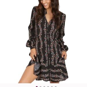 Free People Button Front High Low Shirt Dress Black Floral Mini Long Sleeve (S)